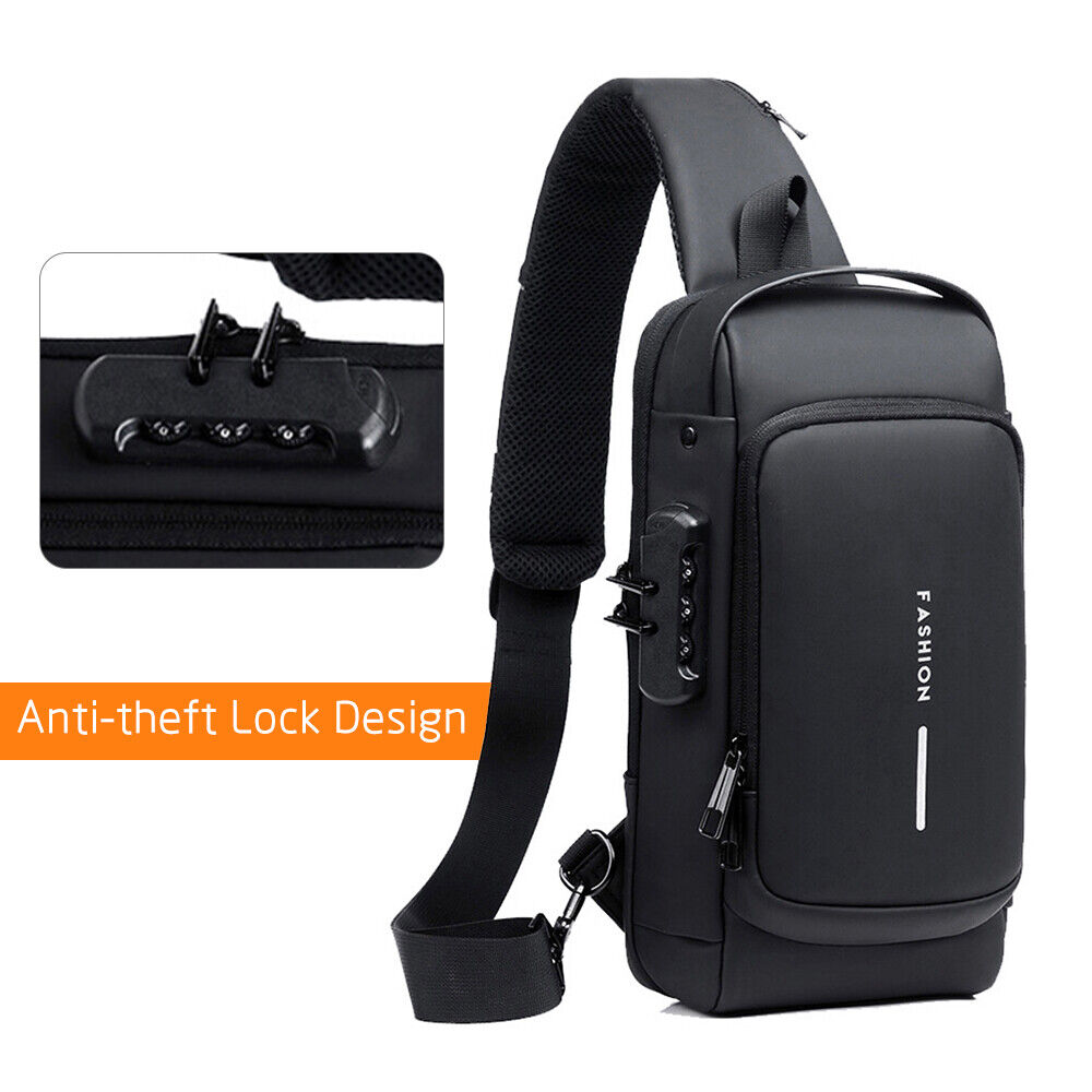 Men Sling Bag with Lock Waterproof -theft Chest Bag with USB