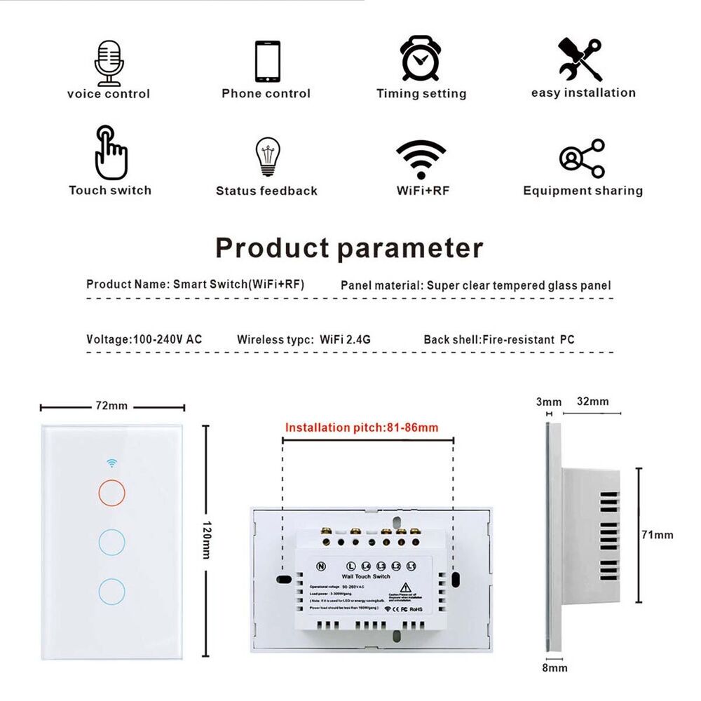 WiFi Switch Light Tuya Touch Smart Switch Wall Panel For Alexa Google 1/2/3 Gang