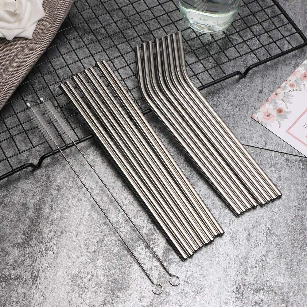 10pcs Metal Straws Stainless Steel Drinking Straw Straight Bent Brush Reusable