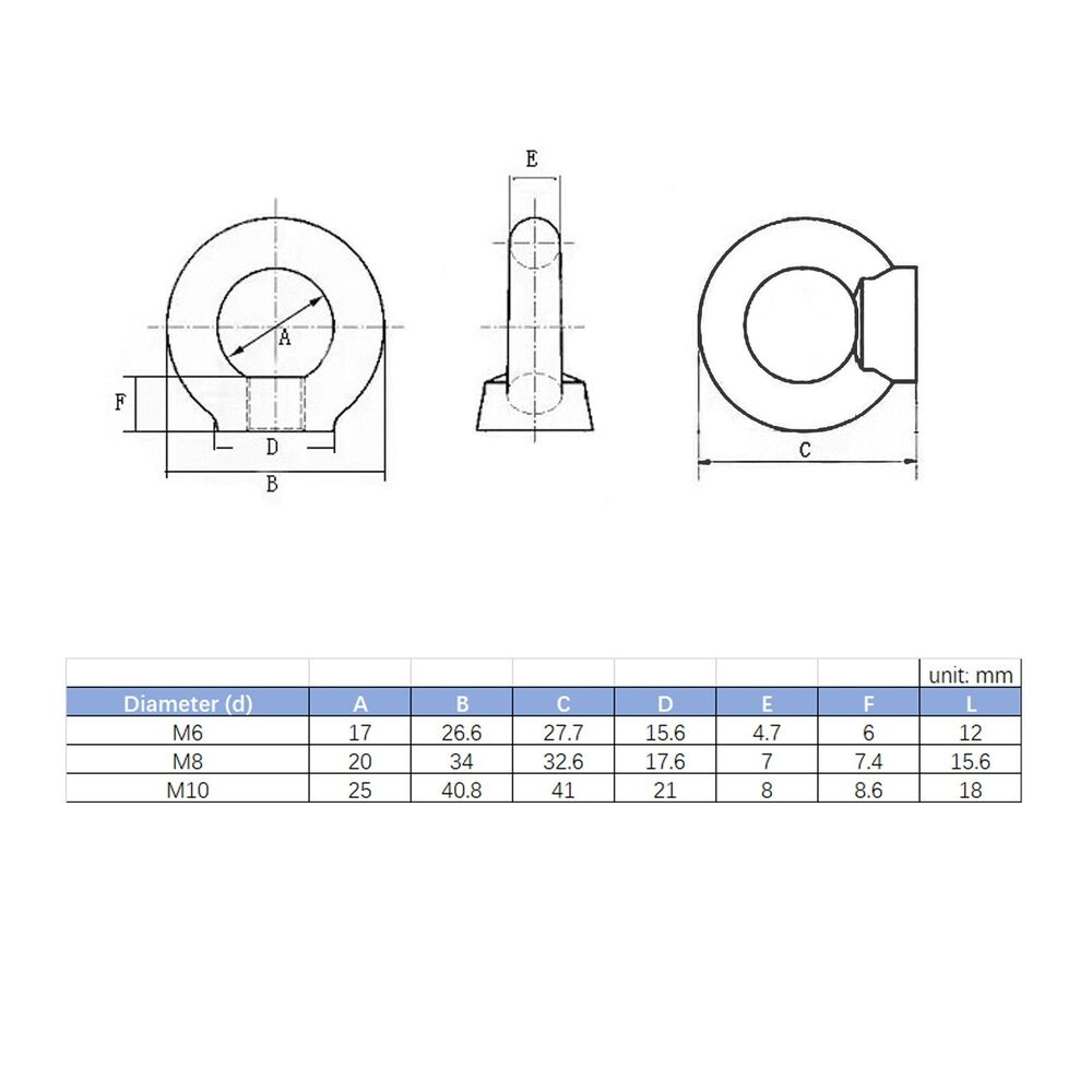 Ring Eye Nuts M6 304 Stainless Steel Lifting Coarse Threaded Bolts Screws 8X