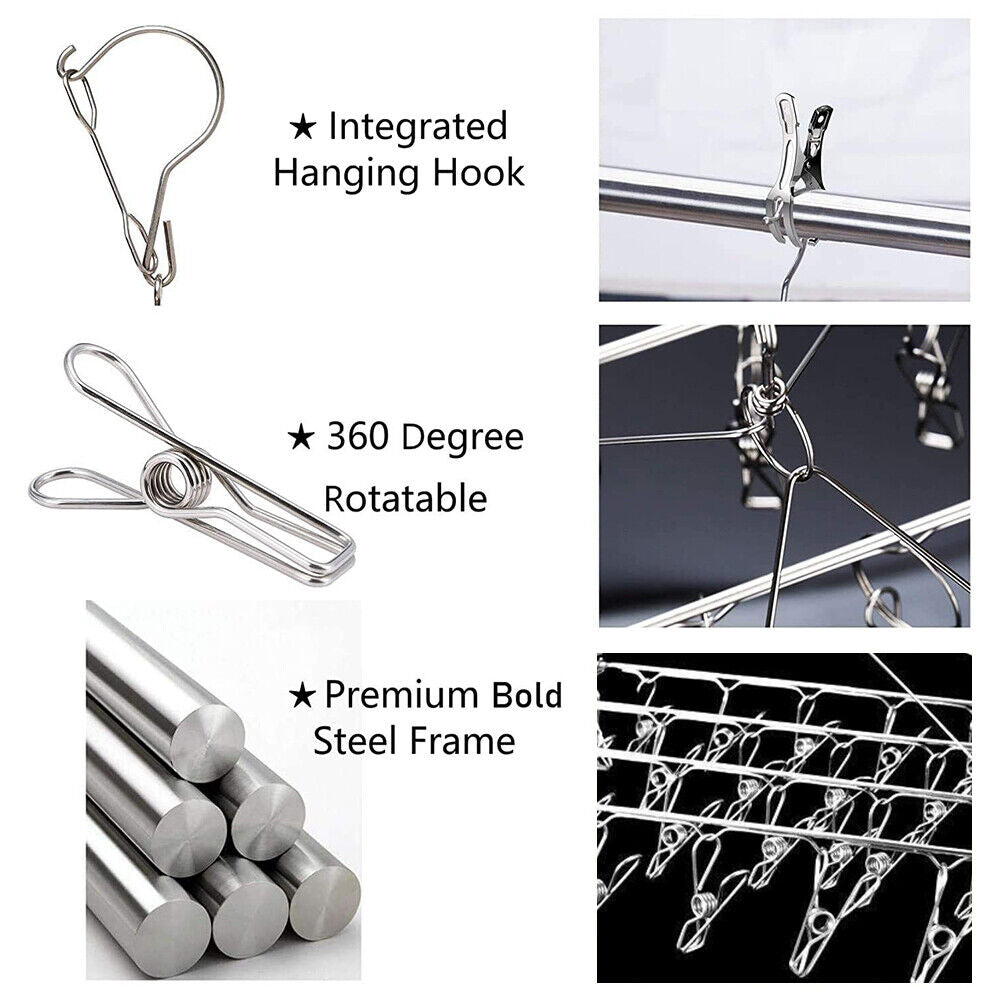 55 Pegs Stainless Steel Sock Hanger Windproof Foldable Space Saving Clothes Rack