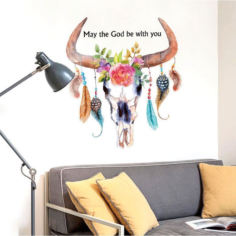 Wall Stickers Removable Cow Ox Horn Head Feather Living Room Decal Art Decor Kid