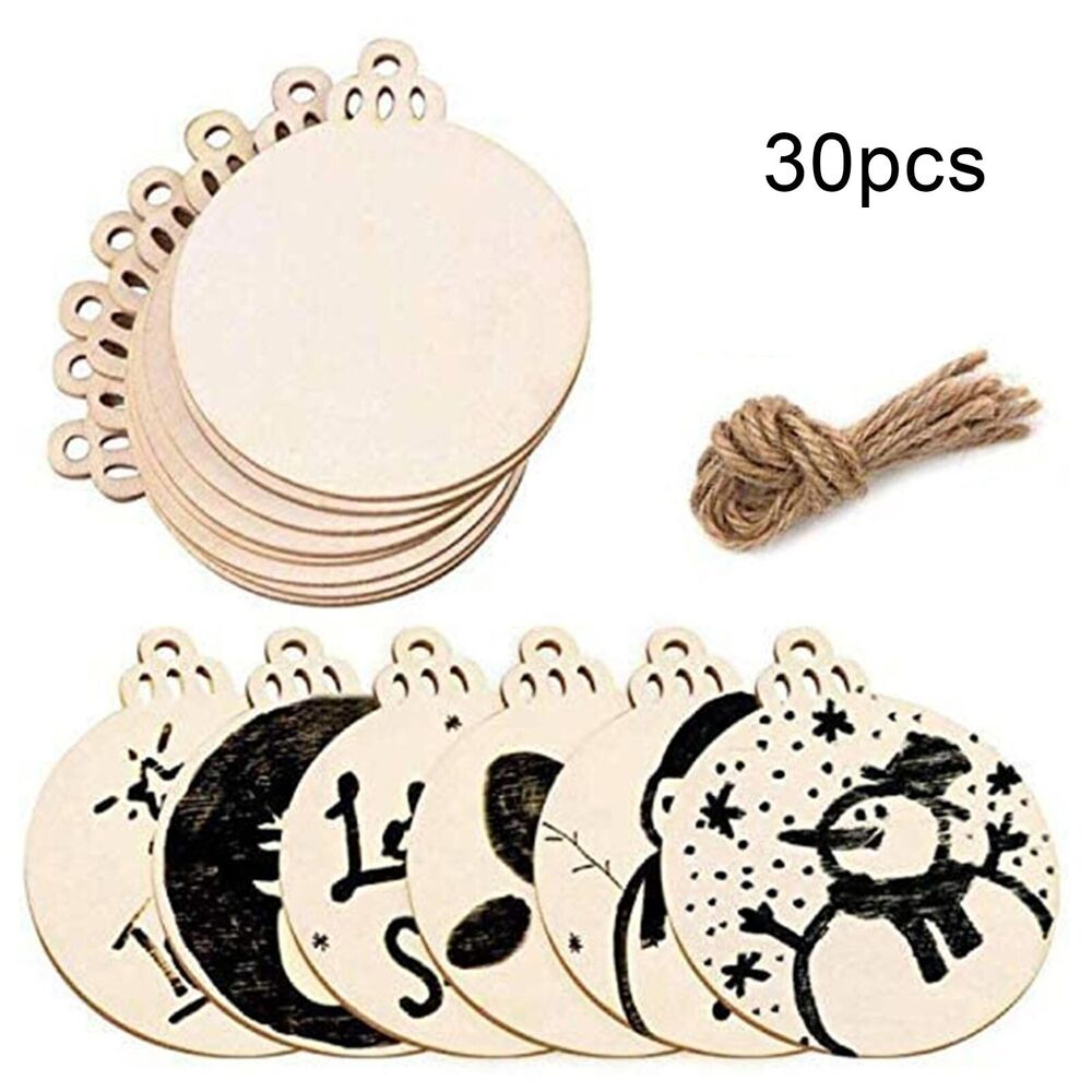 30x Wooden Bauble Blank Hanging Ornament Christmas Tree Pendant DIY Craft