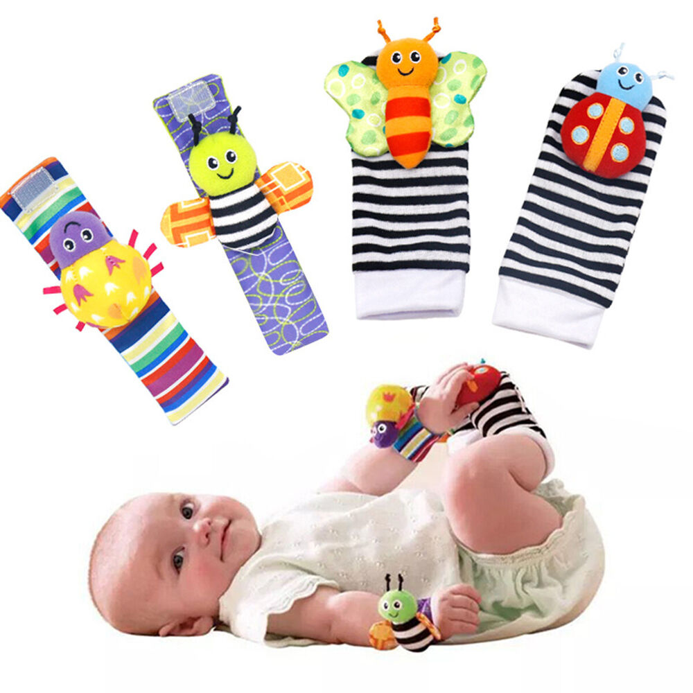 4pcs Rattles Bracelet Toy Set Newborn Foot-finder Socks Wrist Soft Animal