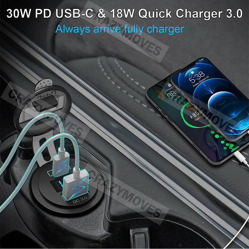 PD Type C USB Car Charger and QC 3.0 Charger 12V Power Outlet Socket ON/Off