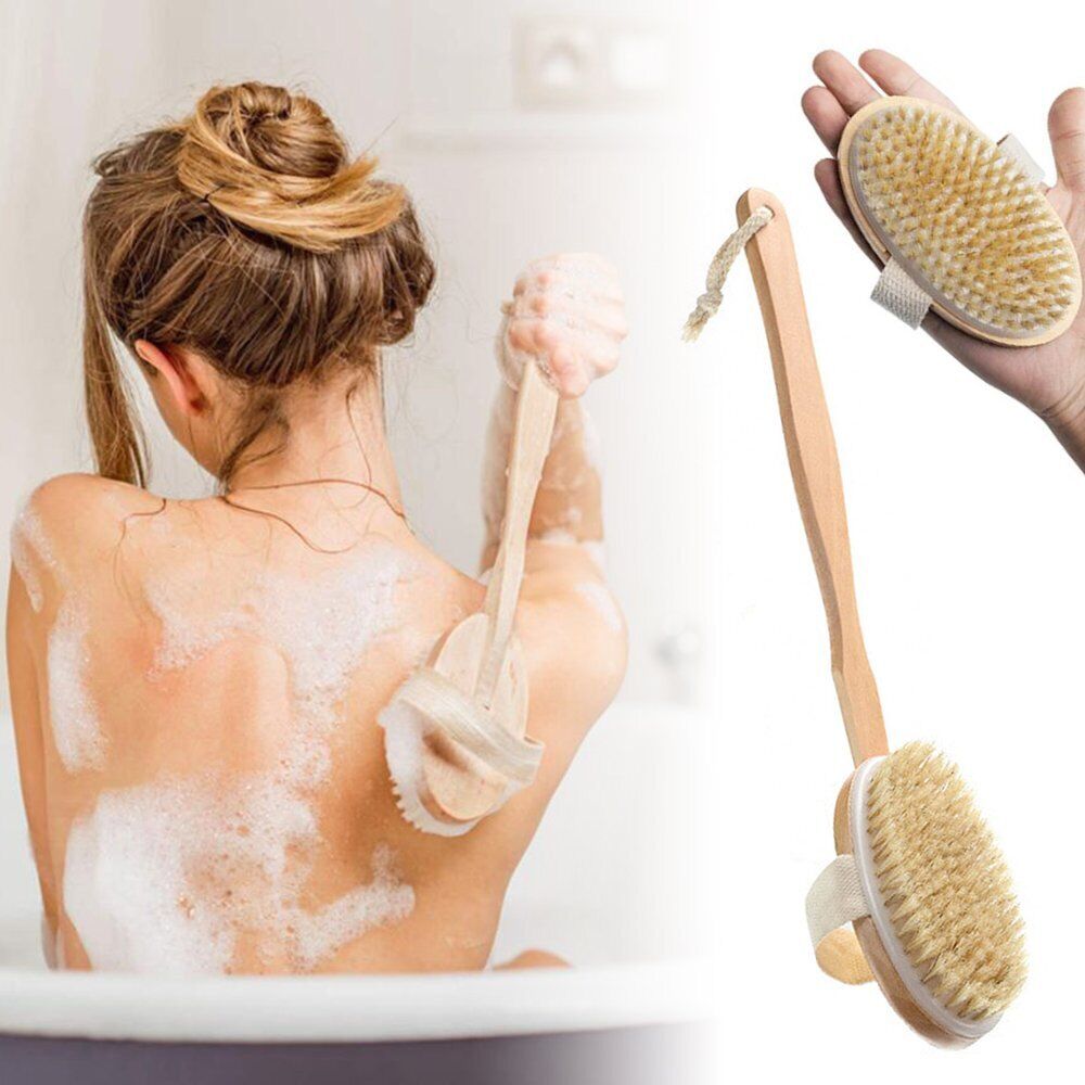 Long Handle Wooden Bath Body Back Brush Scrubber Massager Natural Shower