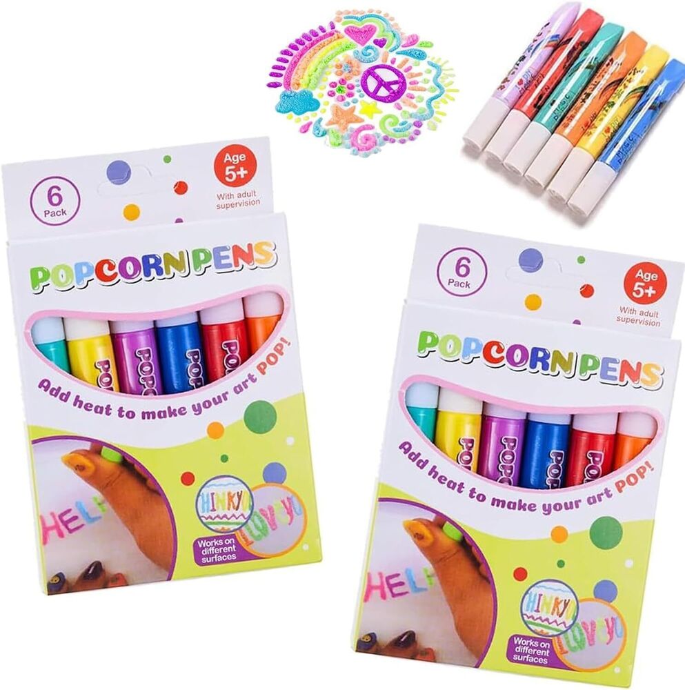 6PC Puffy 3D Art Pens - Ink Puffs Up Like Popcorn Just Use Kids Hairdryer DIY