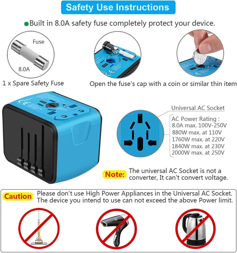 Universal International Travel Adapter 3 USB +Type-C Outlet Converter Plug Power