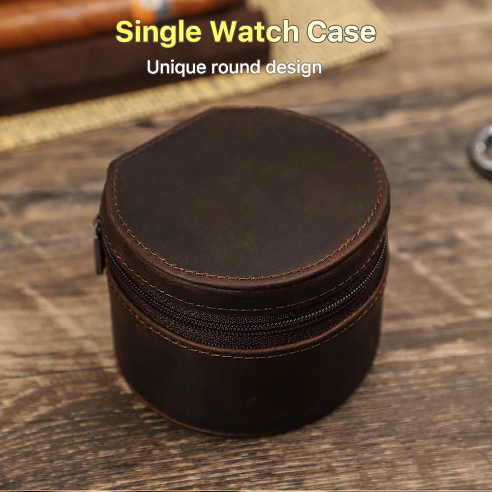 Watch Case Vintage Leather Single Round Zipper Travel Storage Box Coffee