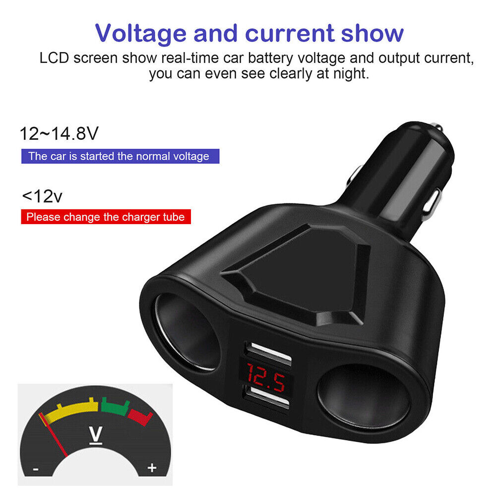 LCD Car Dual USB Charger Cigarette Lighter Socket Splitter 12-24V Power Adapter