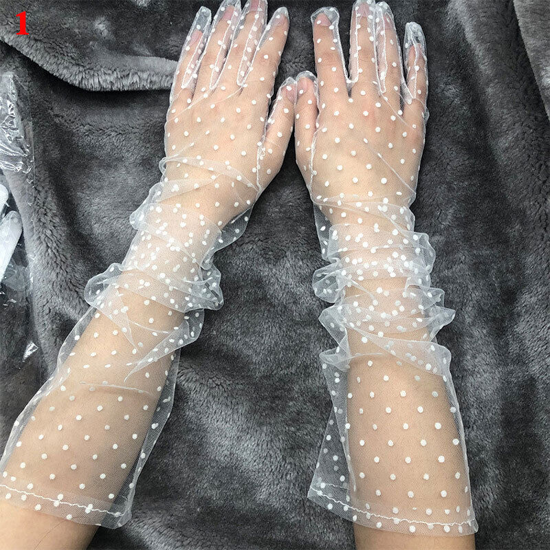 Women Mesh Tulle Sheer Long Gloves Full Finger Gloves Mittens Sun Protection