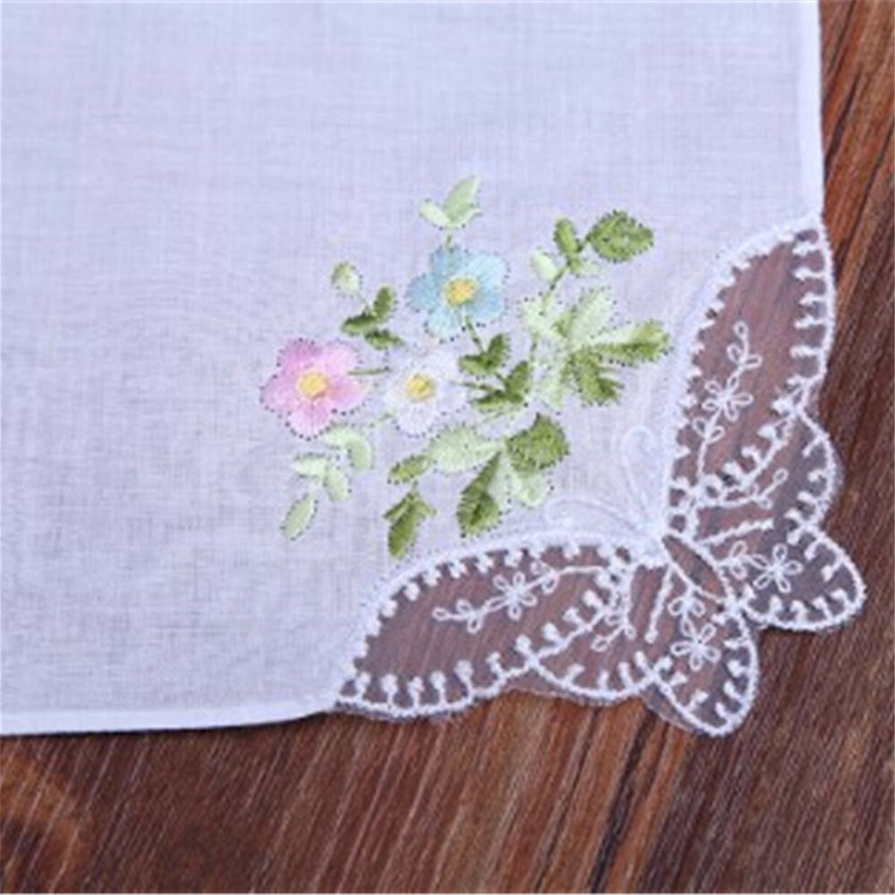 Vintage Cotton Ladies Lace Embroidered Handkerchief Women Floral Hanky 28x28cm