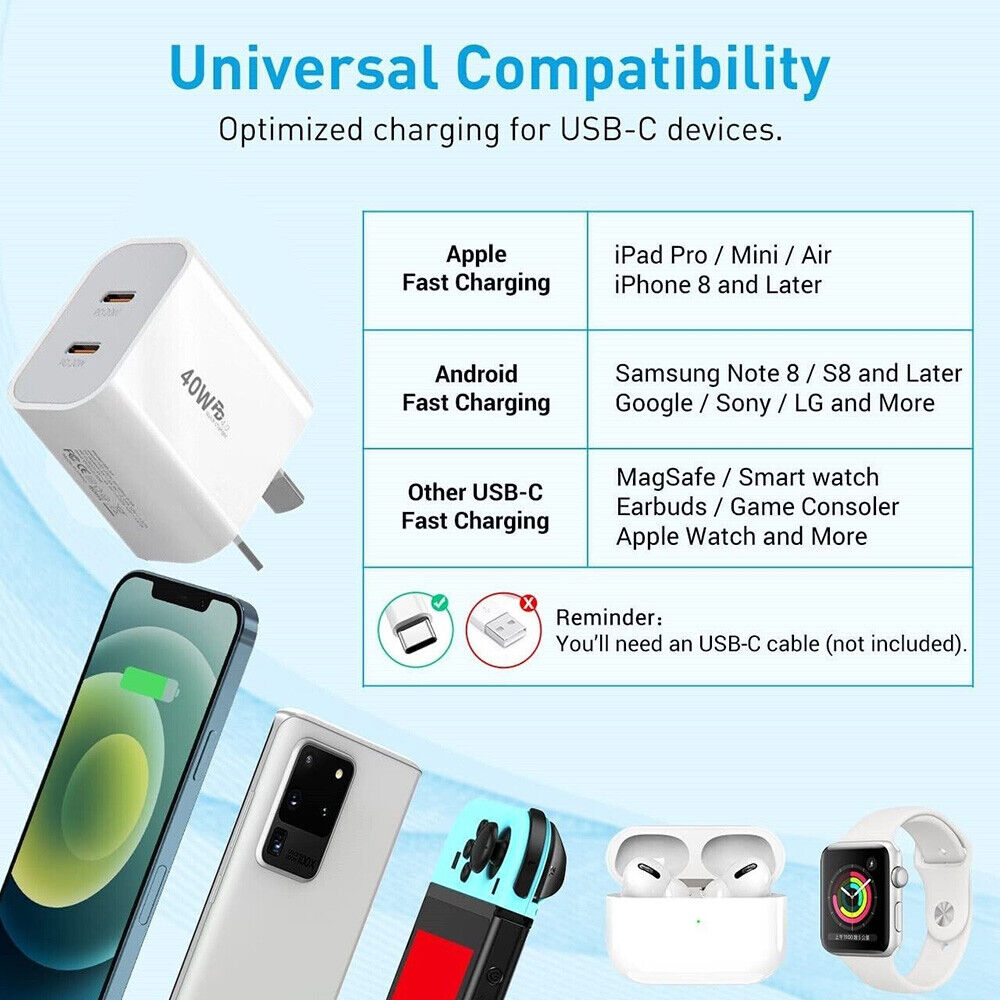 40W Dual USB C Fast Wall Charger Power Adapter Socket AU Plug For iphone Android