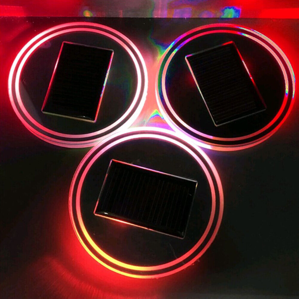 2x LED Solar Cup Pad Car Accessories Light Cover Interior Decoration Lights Red