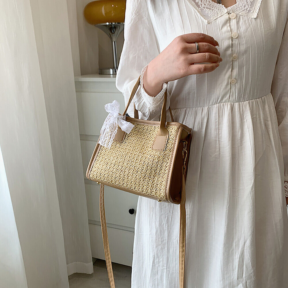 Beach Straw Shoulder Bag Summer Lace Splicing Hand-Woven Crossbody Tote Handbags