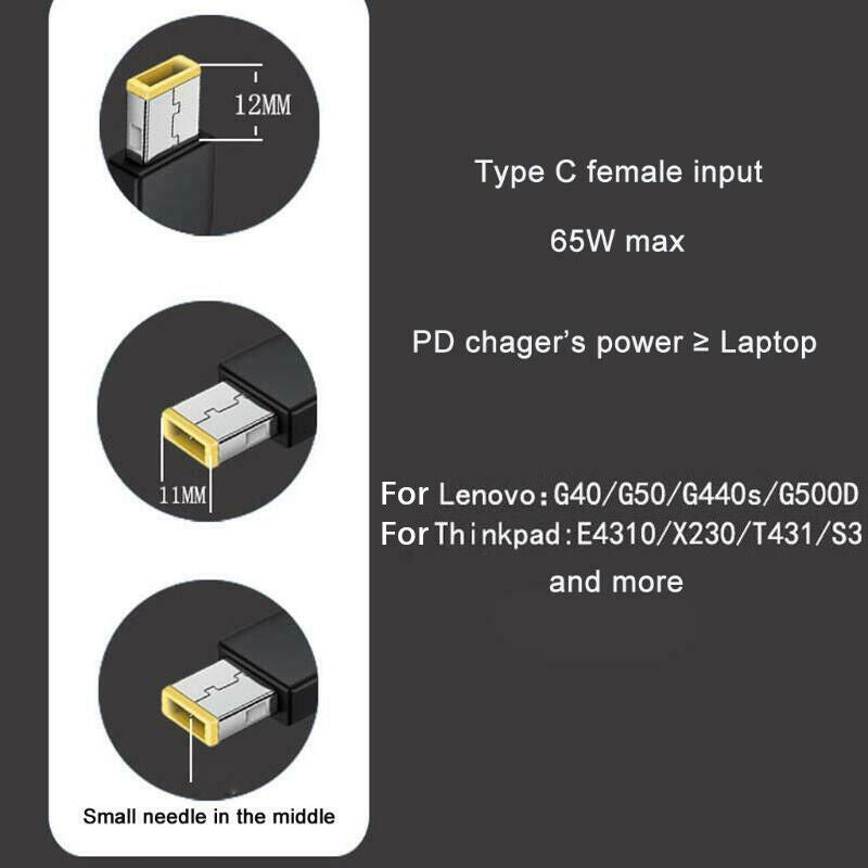 Laptop Power Cable USB Type-C Female To Square Plug Charger For Lenovo XL