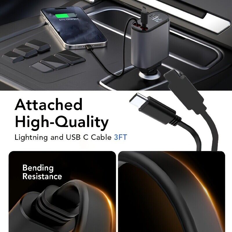 4IN1 120W Retractable Car Charger with Fast USB C PD Cable for Phone Fast Charge