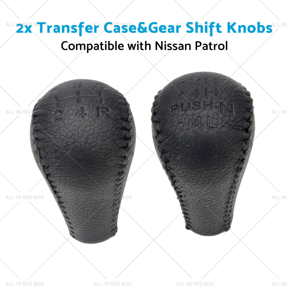 2x Leather Transfer Case&Gear Shift Knobs Black Suitable for Nissan Patrol GQ GU