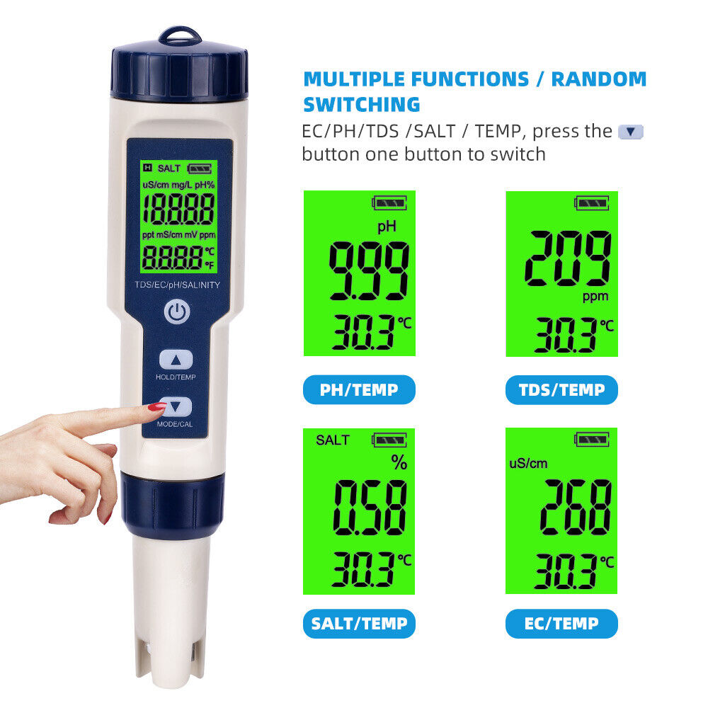 5 in 1 Digital Water Quality PH Tester Pen TDS EC Temperature Test Pool Water