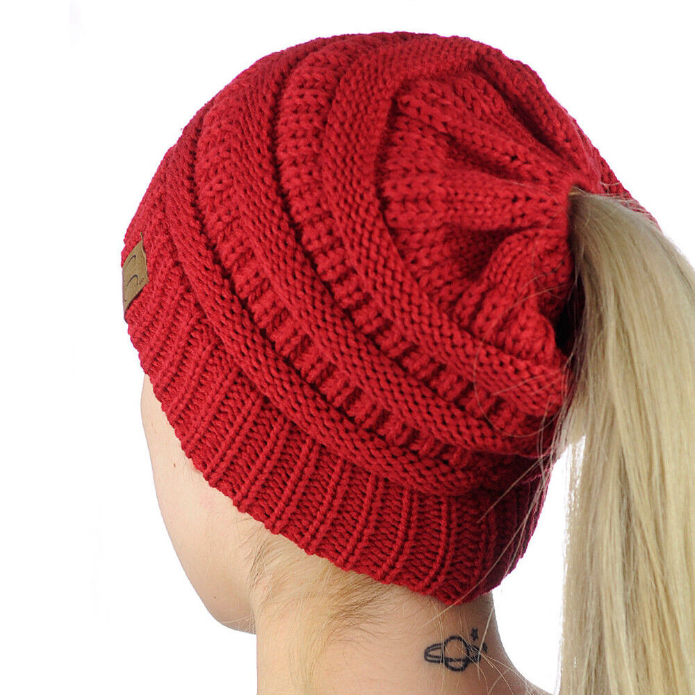 Women Girls Ponytail Beanie Winter Soft Stretch Cable Knit Crochet High Bun Hat