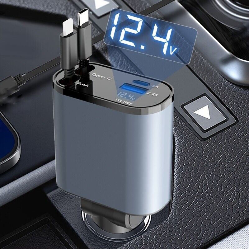 4IN1 120W Retractable Car Charger with Fast USB C PD Cable for Phone Fast Charge