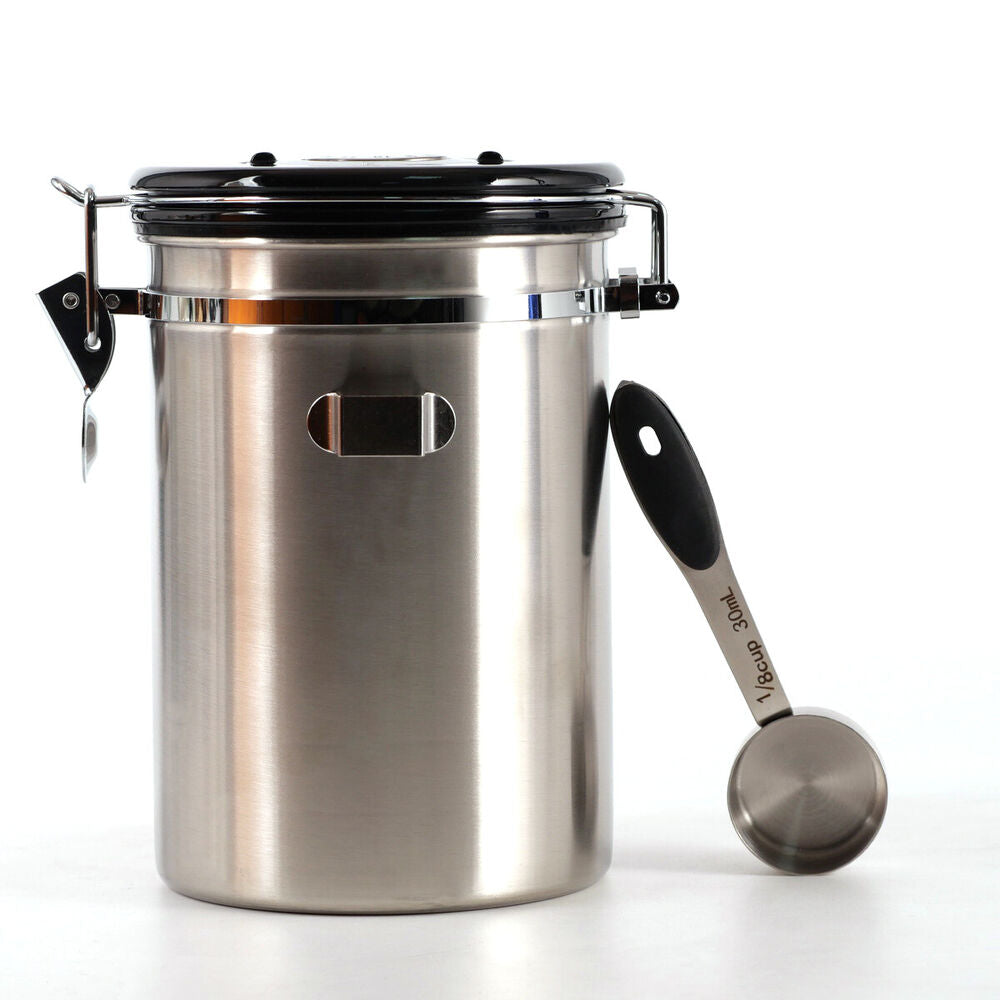 1.8L Coffee Canister Airtight Stainless Steel with Co2 Valve Date Tracker Spoon