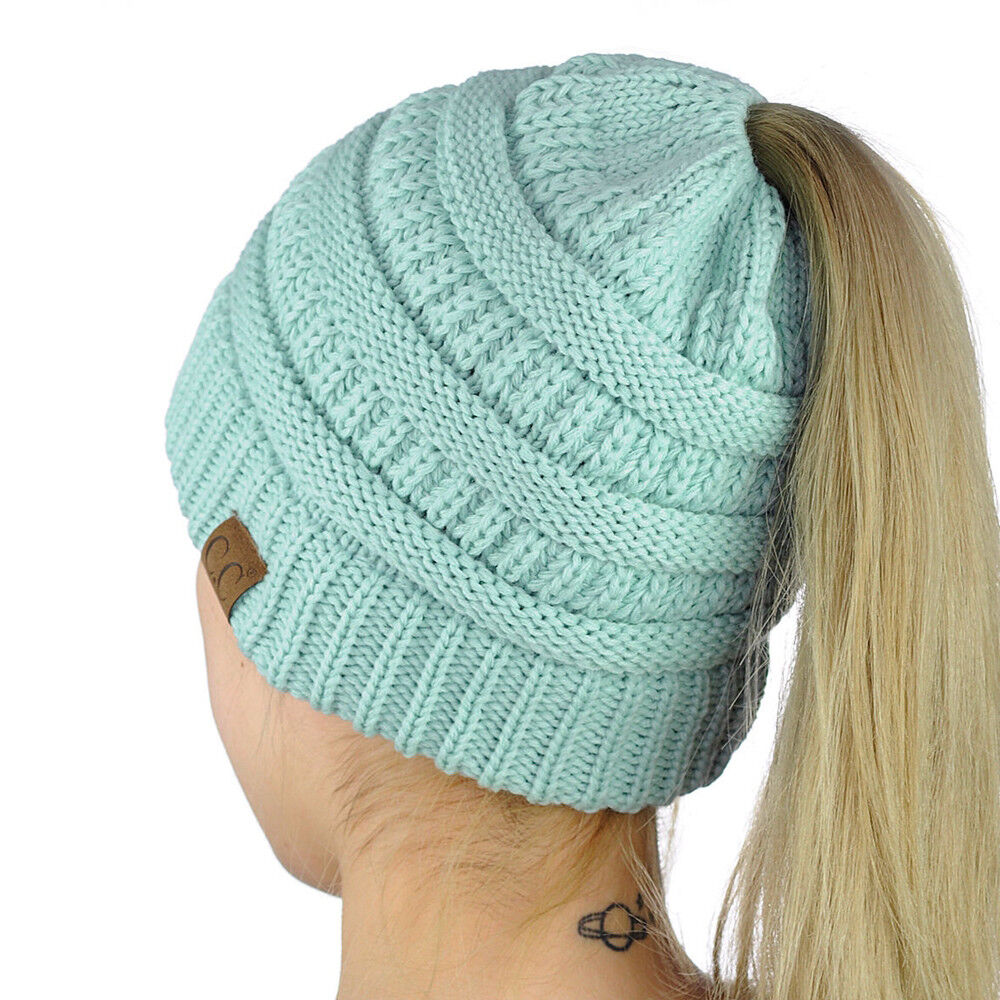 Women Girls Ponytail Beanie Winter Soft Stretch Cable Knit Crochet High Bun Hat