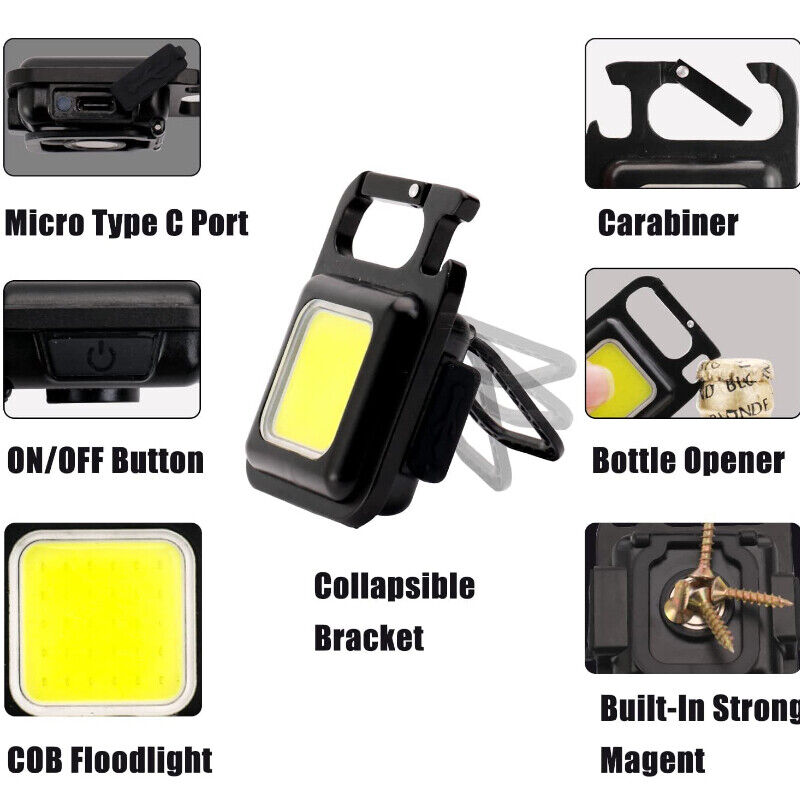 Mini Pocket COB LED Work Light Keychain Flashlight Torch Lamp USB Rechargeable