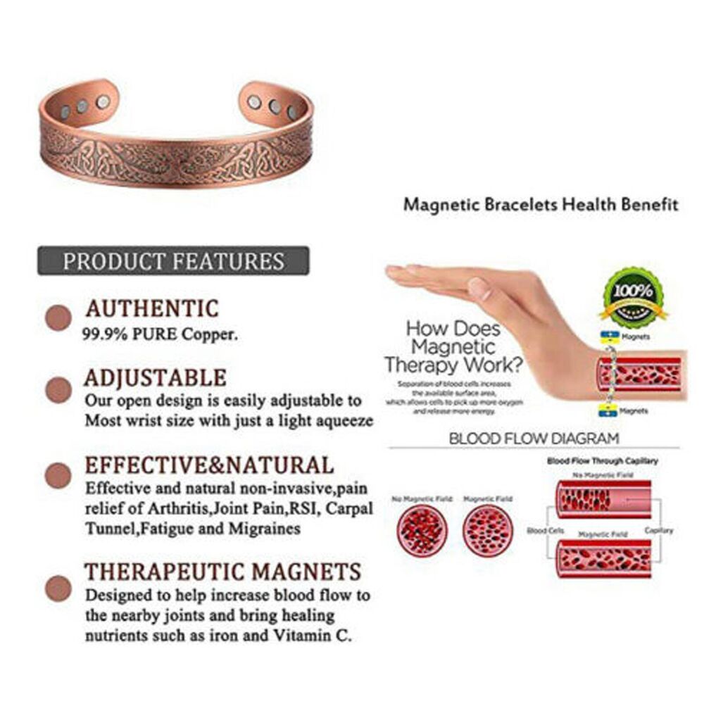 Pure Copper Magnetic Bracelet Arthritis Pain Relief Bangle Healing Therapy Gift