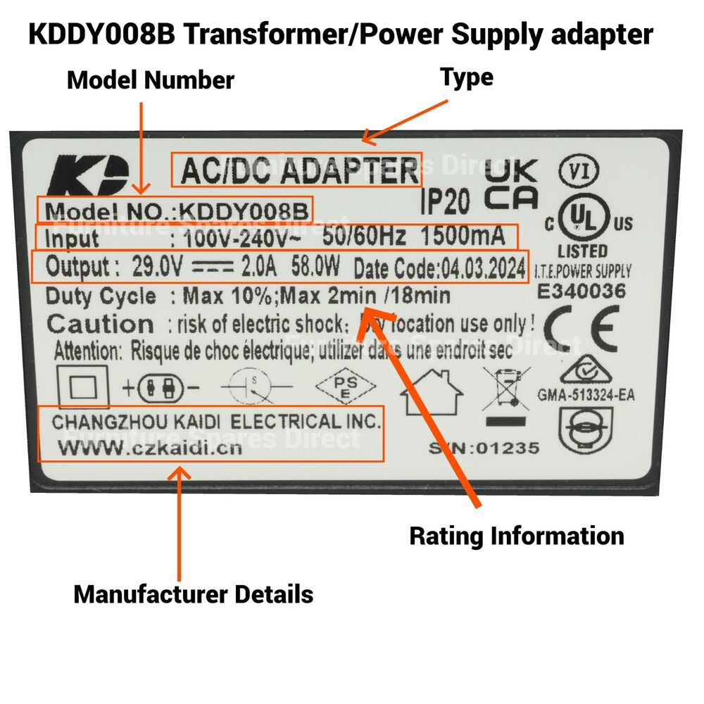 Quality KDDY008B AC/DC 2.0A 29VTransformer Power Adapter For Recliner Chair/Sofa