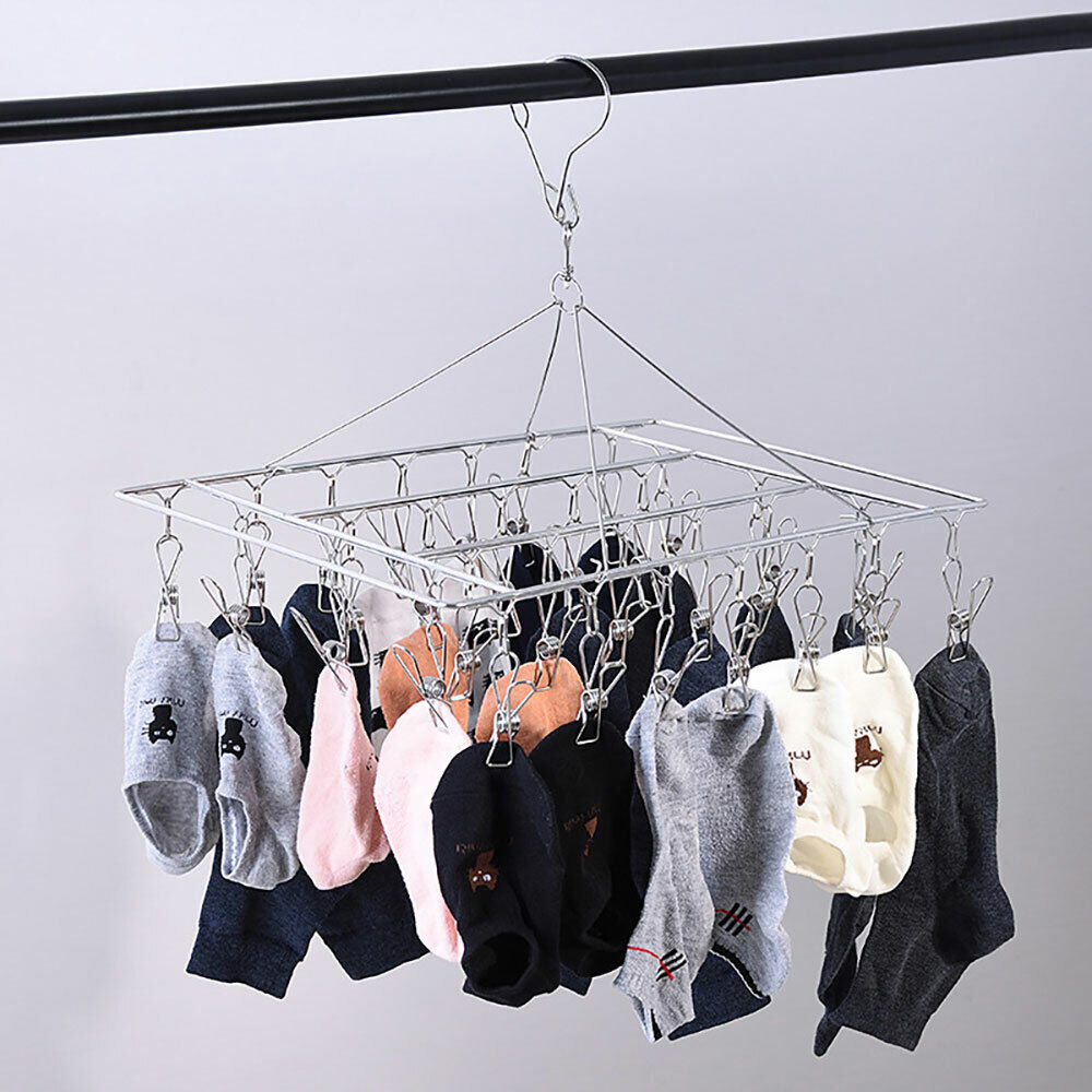 55 Pegs Stainless Steel Sock Hanger Windproof Foldable Space Saving Clothes Rack