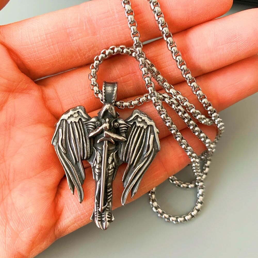 Saint St Michael Archangel Wings Cross Pendant Necklace & Stainless Steel Chain