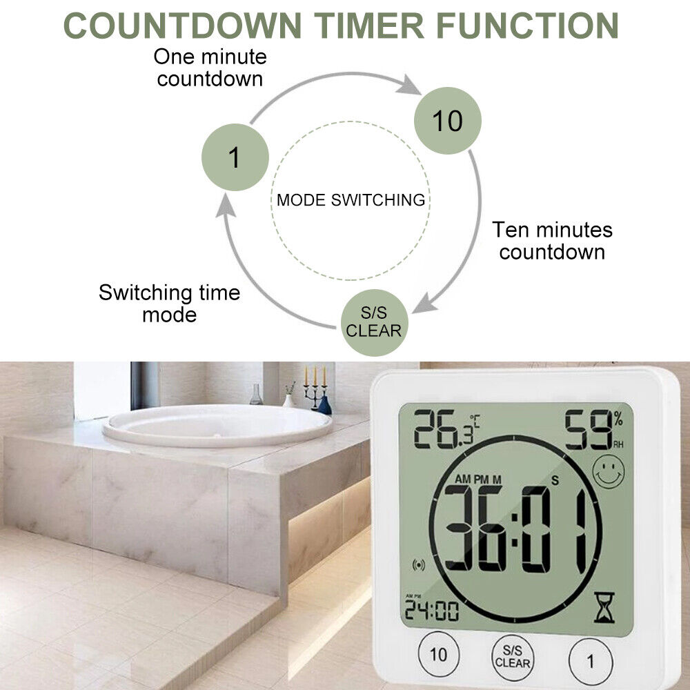 Waterproof Shower Timer Bathroom Clock Digital Alarm Temperature Meter Humidity