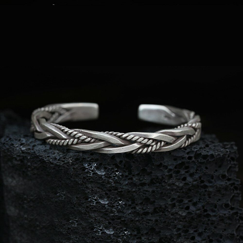 Mens Vintage Open Bangle Silver Thai Handmade Twisted Cuff Bracelet