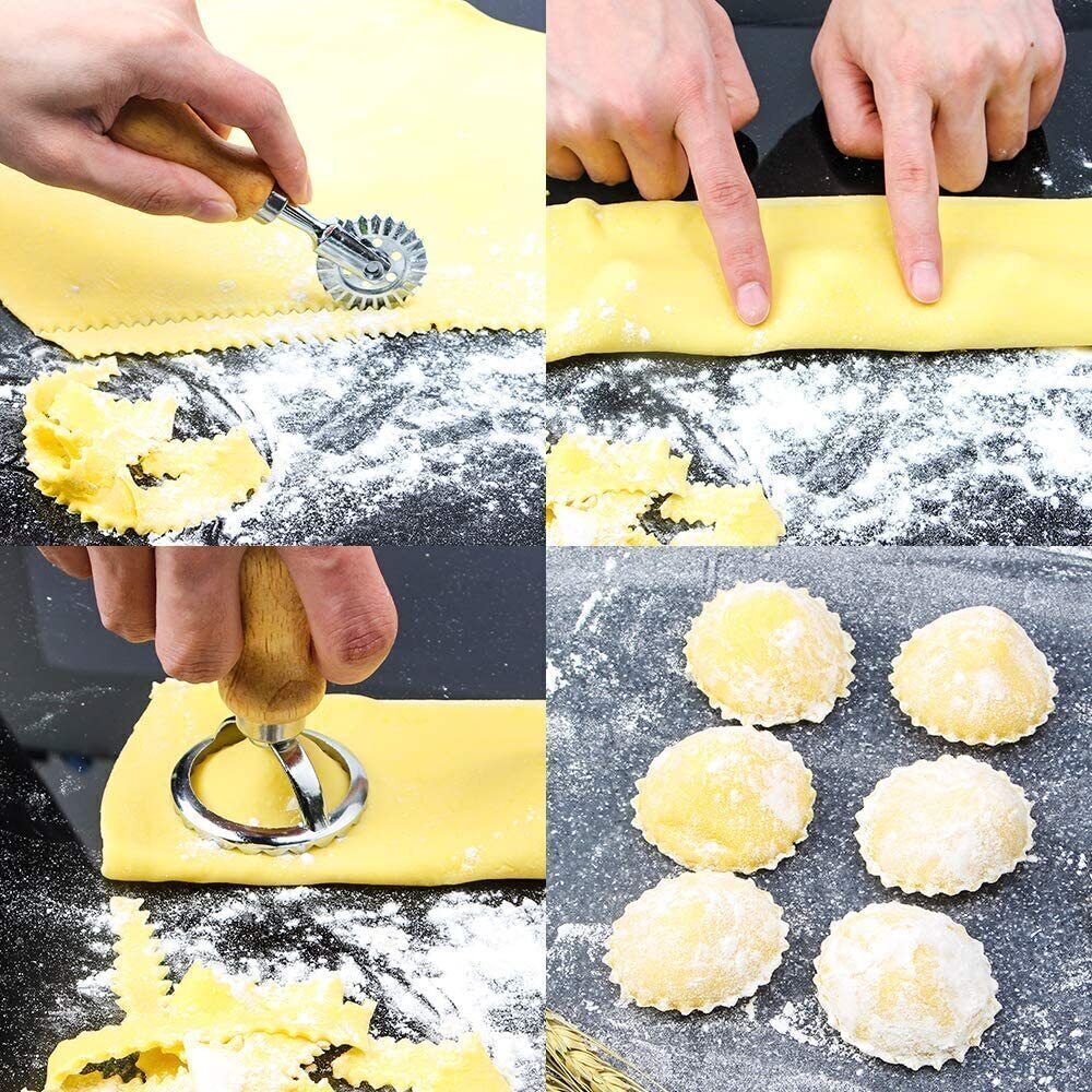 4pcs Ravioli Maker Cutter with Wooden Handle Pasta Pierogi Maker Mould Tray Stamp