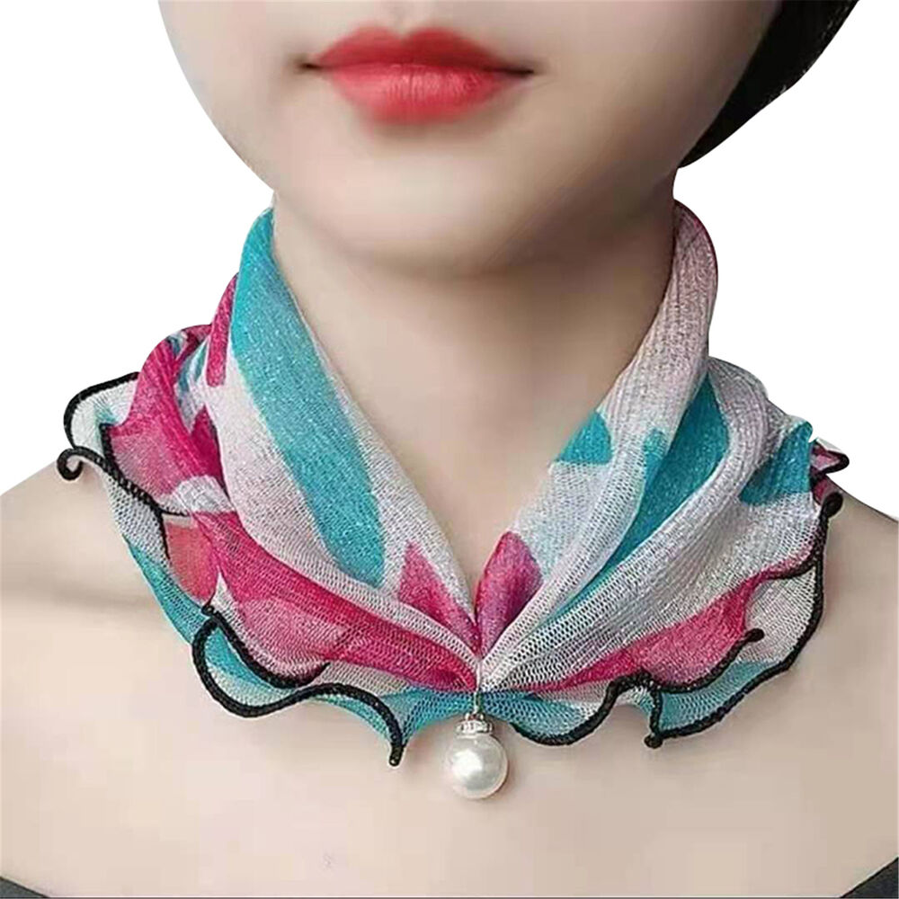 Women Lady Scarf Sun Protection Neck Bandana Fashion Pearl Chiffon Lace Headband