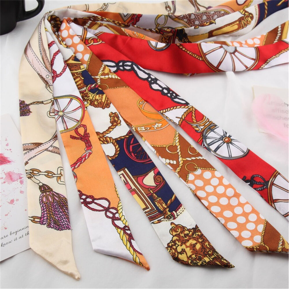 2PCS Women Silk Twilly Ribbon Narrow Scarf Wrap Tied Bag Handle Hair Tie Bandana