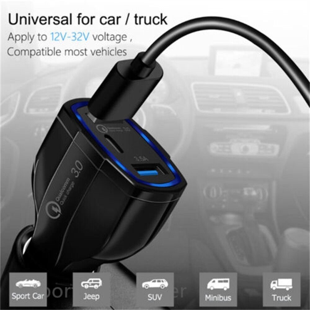 3 Port USB PD Quick Fast Car Charger QC3.0 Adapter Cigarette Lighter Socket