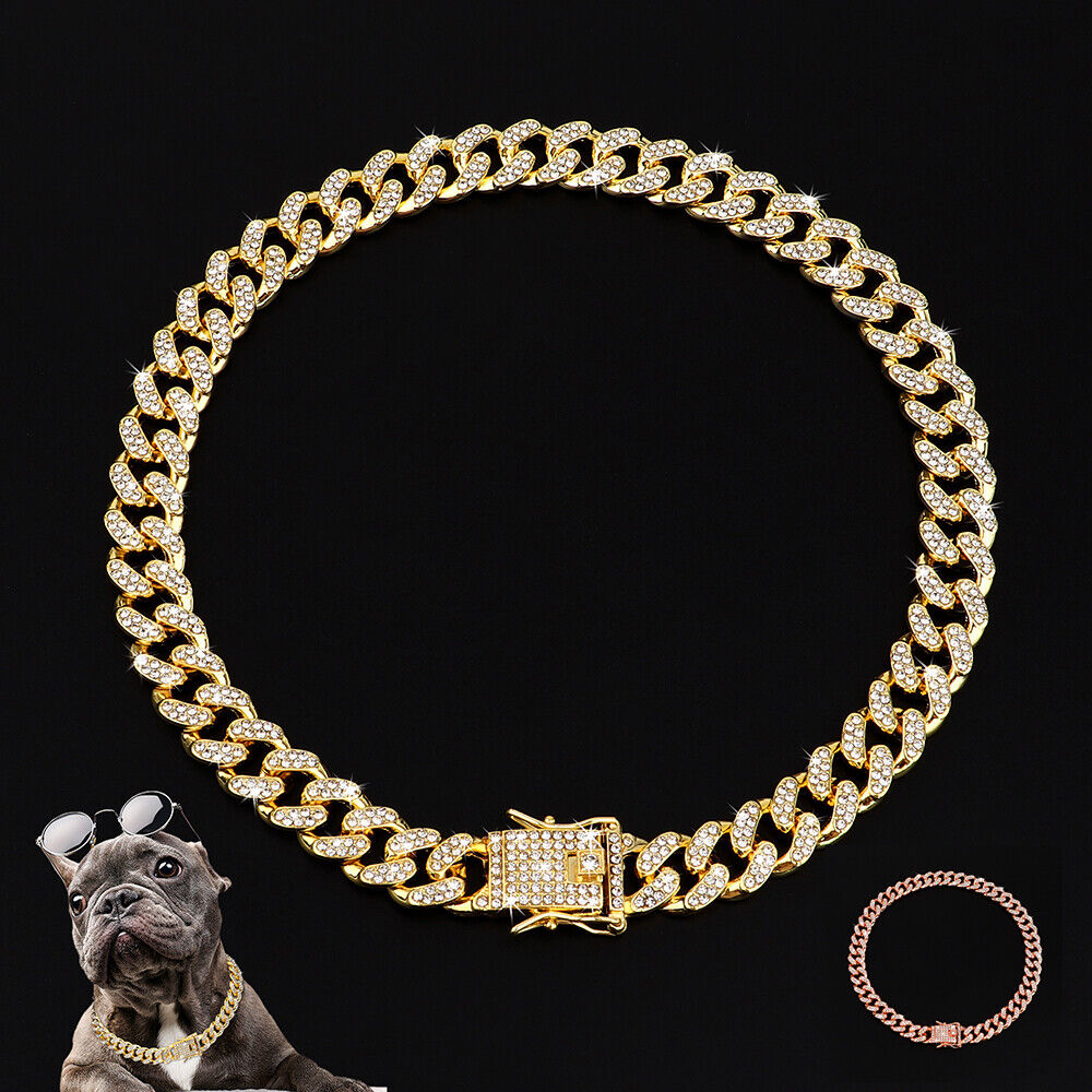 Pet Dog Metal Chain Collar Bling Rhinestone Diamante Choke Necklace Cuban Link