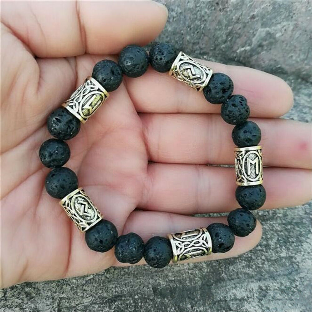 Norse Viking Rune Spacer Charm Lava Stone Beads Bracelet Men Women Cuff Jewelry