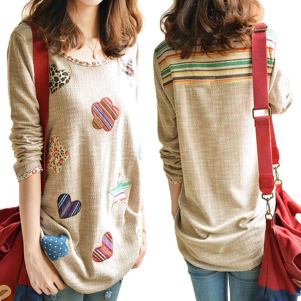 Women Fresh Hearts Flowers Print Blouse Round Neck Top Shirts