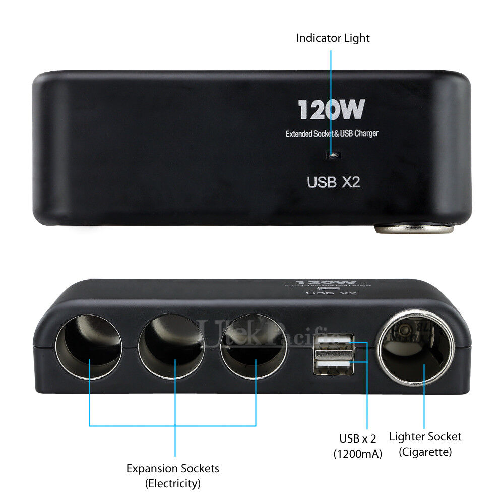 4 Way 12V 24V Multi Socket Car Cigarette Lighter Splitter USB Charger Adapter