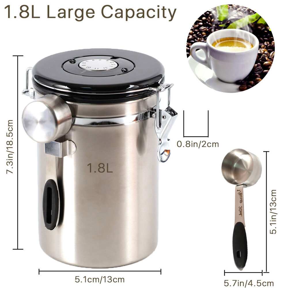 1.8L Coffee Canister Airtight Stainless Steel with Co2 Valve Date Tracker Spoon