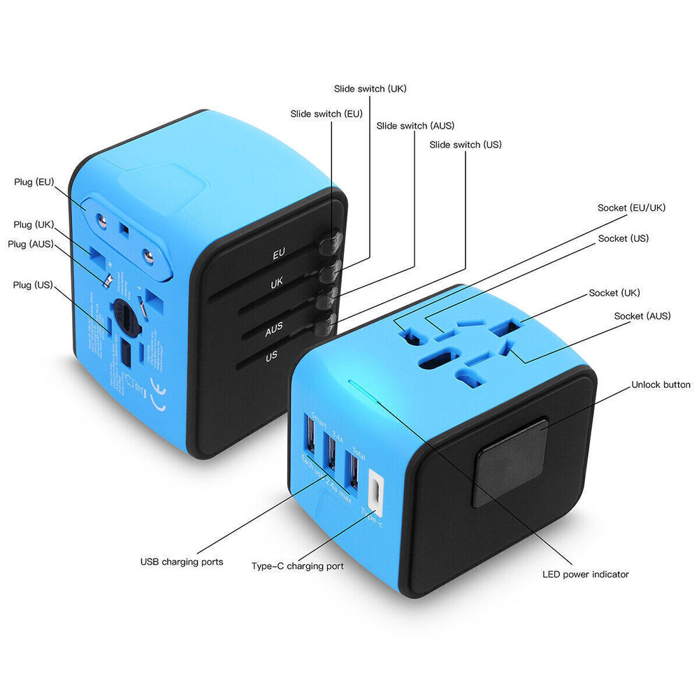 Universal International Travel Adapter 3 USB +Type-C Outlet Converter Plug Power