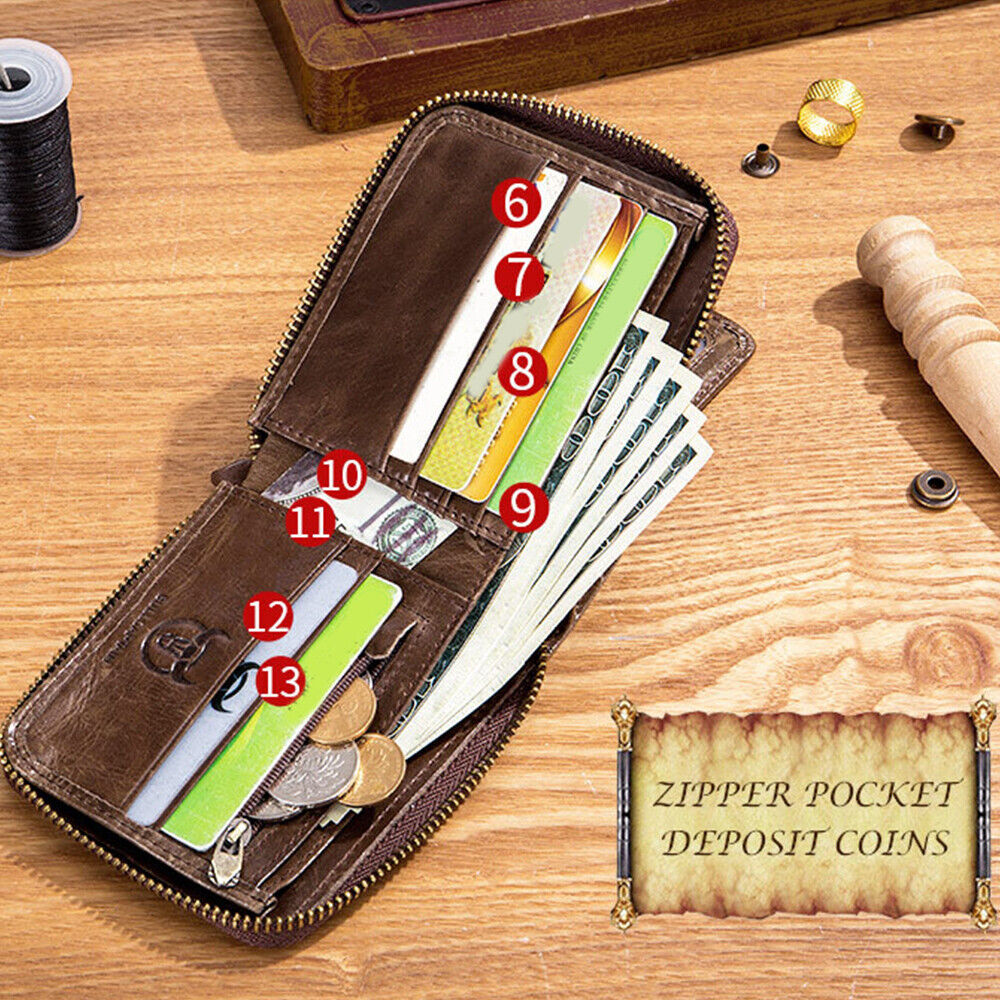 Leather Wallet Men Mens Bifold Wallet RFID Blocking Card Slots Coin Pocket Gift