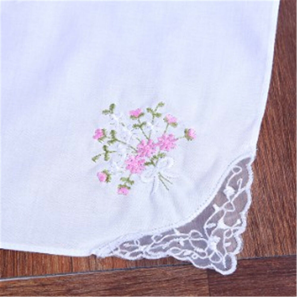 Vintage Cotton Ladies Lace Embroidered Handkerchief Women Floral Hanky 28x28cm