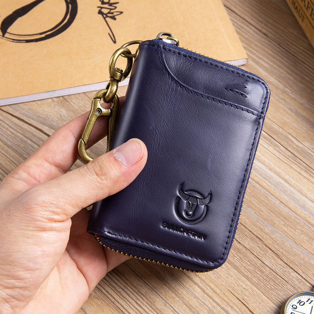 Genuine Leather Key Case RFID Blocking Card Holder Coin Purse Keychain Wallet