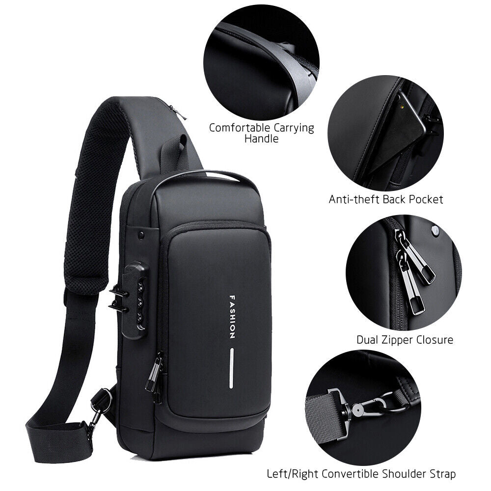 Men Sling Bag with Lock Waterproof -theft Chest Bag with USB