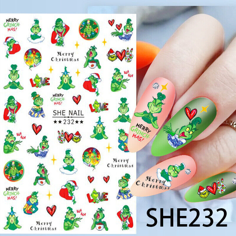 Grinch Christmas Nail Stickers ,Santa Reindeer Gingerbread Snowflake Nail Art