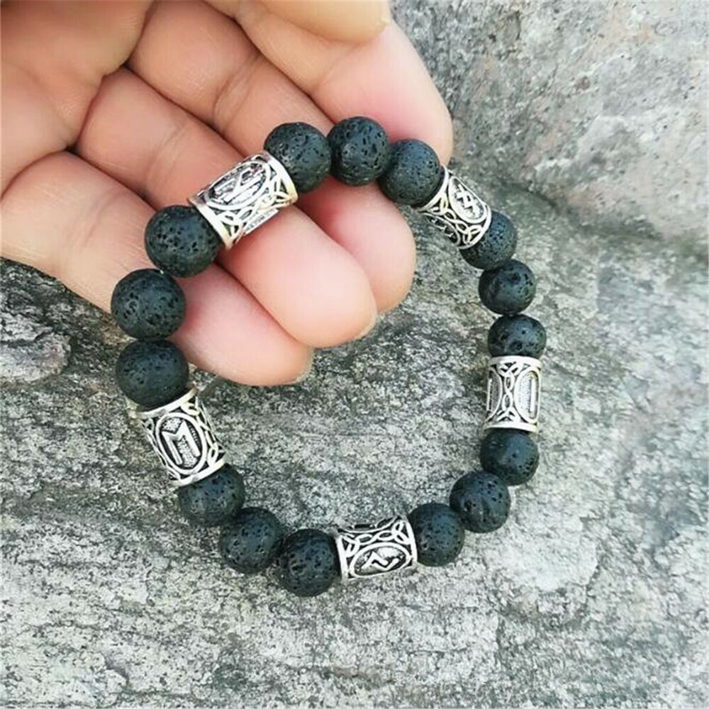 Norse Viking Rune Spacer Charm Lava Stone Beads Bracelet Men Women Cuff Jewelry